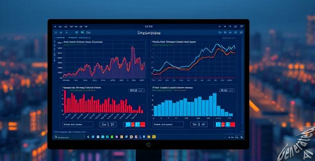 Una pantalla de computadora mostrando gráficos de datos y un algoritmo de IA en funcionamiento, con una ciudad al fondo.