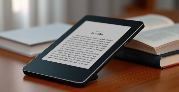 Una imagen de un dispositivo de lectura electrónico con pantalla de alta resolución y luz frontal ajustable, sobre una mesa de madera con varios libros en papel al fondo.
