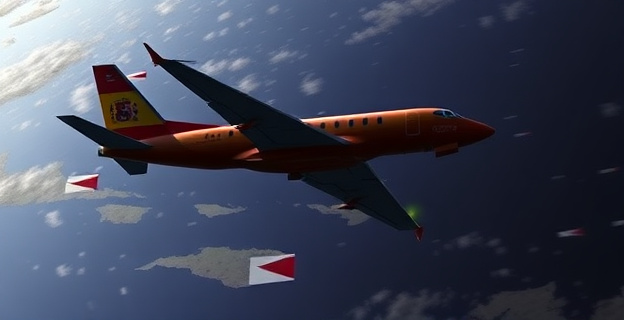 Imagen de un avión Falcon del Estado español en vuelo hacia República Dominicana, con un fondo que muestra un mapa de la ruta aérea. La escena debe transmitir misterio y secretismo en torno al vuelo.