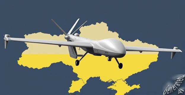 Ilustración de un dron Geran-3 en vuelo con fondo de mapa de Ucrania