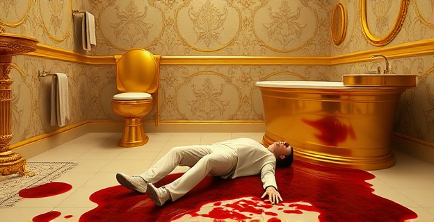 Un baño lujoso con un inodoro dorado y una bañera grande, con un cuerpo tendido en el suelo en medio de un charco de vómito, rodeado de lujo y decadencia.