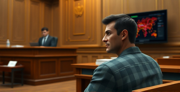 Imagen de un juzgado con un hombre sentado en el banquillo de los acusados, con una expresión seria. Al fondo, un juez y un fiscal. En la mesa del fiscal, un montón de documentos y una pantalla de ordenador con una imagen de una red de narcotráfico.