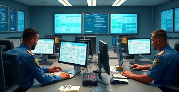 Imagen de una sala de operaciones de la Guardia Civil con agentes trabajando en ordenadores y documentos relacionados con contrataciones públicas y corrupción.