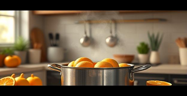 Cocina con vapor de cítricos y especias emanando de una olla destapada