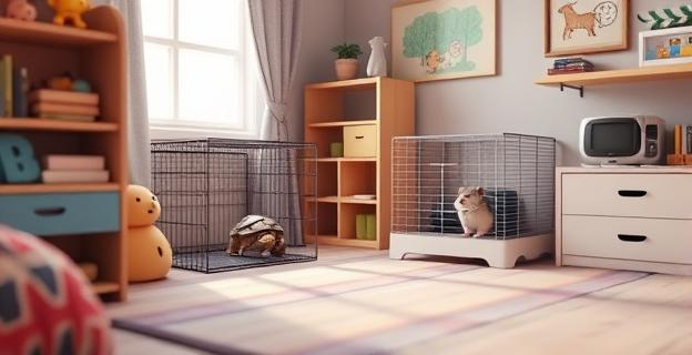 Imagen de una habitación infantil con una tortuga y un hámster en jaulas separadas, rodeadas de juguetes y elementos que sugieren una atmósfera tranquila y organizada