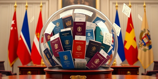 Una ilustración satírica y conceptual. Un gran tambor de tómbola transparente lleno de pasaportes de diferentes colores y sellos oficiales. El tambor está situado sobre un escritorio gubernamental lujoso con banderas oficiales al fondo. De la tómbola salen tarjetas de residencia volando como si fueran billetes de lotería. Estilo editorial de revista, colores contrastados, atmósfera de ironía burocrática.