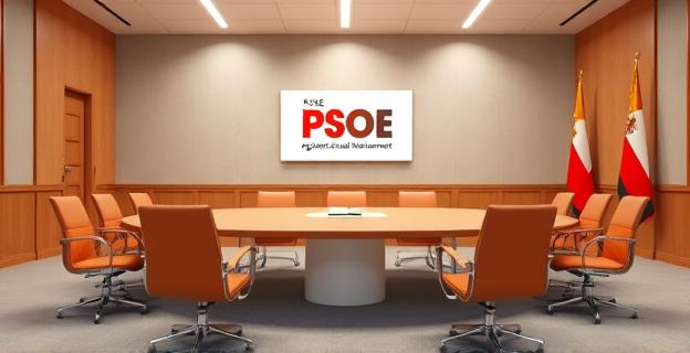 Una sala de reuniones de un partido político con una mesa central y sillas vacías, con un cartel de fondo que dice 