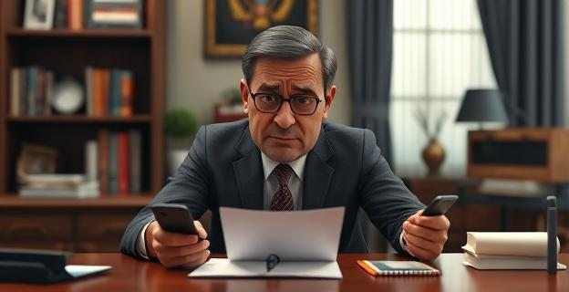 Imagen de un político frustrado en su despacho con documentos de COVID-19 y teléfonos móviles con mensajes de texto