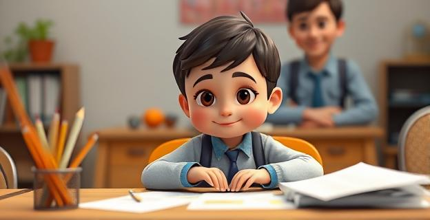 Imagen de un niño pequeño sentado en un escritorio, rodeado de papeles y lápices, con una expresión de concentración. En el fondo, una figura adulta sonriendo y asintiendo con la cabeza, simbolizando apoyo y comprensión.