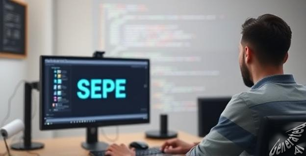 Un hombre sentado frente a un ordenador, con una pantalla de SEPE abierta, mientras un script de Python automatizado se ejecuta en segundo plano.