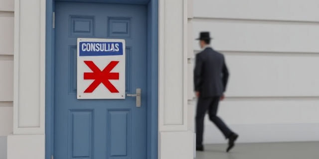 Una imagen de un consulado con una puerta cerrada y un letrero que dice 