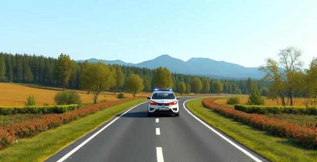 Imagen de una carretera comarcal rodeada de naturaleza con un coche patrulla de la Ertzaintza al fondo, en un paisaje vasco con montañas al fondo