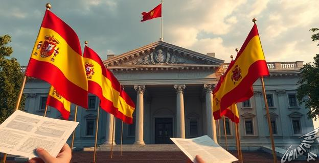 Una imagen de un edificio gubernamental con un ambiente de tensión y resistencia, con banderas españolas ondeando y documentos judiciales en primer plano.