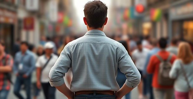 Una persona de espaldas con las manos en los bolsillos en una calle concurrida, con expresión neutra y ropa casual