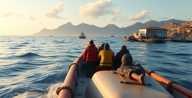 Imagen de una patera en el mar con inmigrantes a bordo, con fondo de costa canaria y una residencia de inmigrantes en tierra