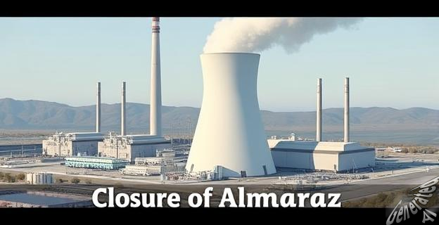 Una central nuclear con una gran chimenea blanca y estructuras industriales al fondo, con un titular que dice 