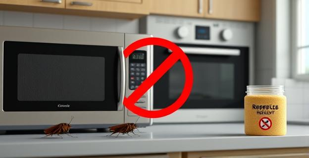 Imagen de una cocina con un microondas y un horno, ambos con señales de cucarachas alrededor. En el fondo, se ve un recipiente con un repelente natural hecho con azúcar y agua.