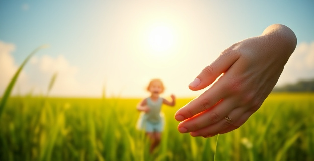 Un niño pequeño ríe mientras corre por un campo verde bajo un sol cálido, su silueta vibrante contra el cielo azul. A su lado, la figura difusa de una mujer mayor observa con una sonrisa, con manos que parecen haber sostenido muchas vidas. El ambiente es etéreo, nostálgico, con elementos abstractos que sugieren recuerdos y lazos generacionales. Los colores son suaves y cálidos, transmitiendo una sensación de paz y libertad. Una mano grande y arrugada se entrelaza sutilmente con una mano pequeña y regordeta, simbolizando la conexión entre generaciones.