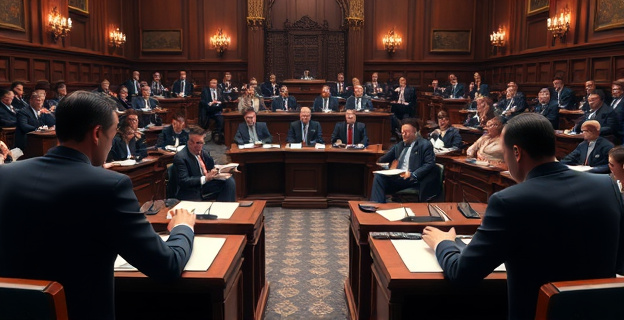 Escena de debate parlamentario con diputados discutiendo intensamente, sin incluir nombres ni rostros reconocibles. El ambiente es tenso con gestos de confrontación entre los escaños.