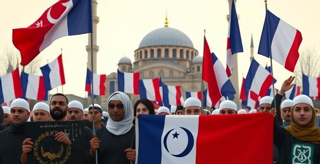 Una multitud de jóvenes musulmanes franceses manifestándose con banderas y pancartas que reflejan su apoyo al islamismo, con una mezquita al fondo y símbolos de la Sharia en primer plano.
