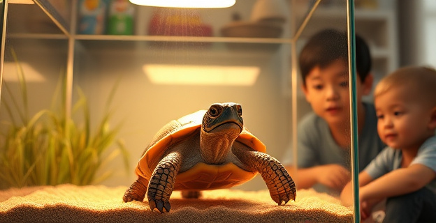 Imagen de una tortuga en un terrario con iluminación UVB y lámpara de calor, en un entorno doméstico con niños pequeños supervisados por un adulto