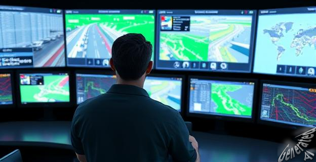 Una imagen de una persona mirando una pantalla con gráficos y mapas de tráfico en una sala de control de la DGT.