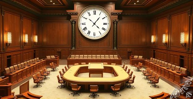Una imagen de una cámara de un congreso vacío con una mesa central y sillas vacías, con un gran reloj en la pared marcando una hora avanzada, simbolizando el bloqueo y la paralización de la actividad legislativa.
