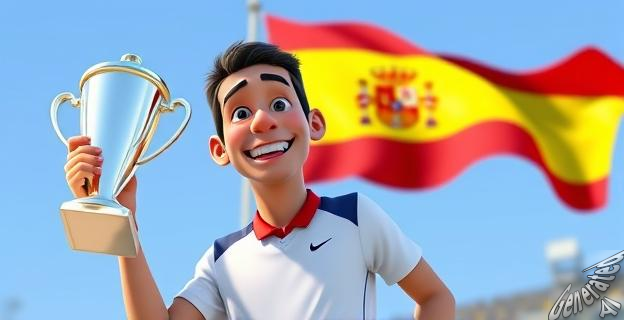 Ilustración de Carlos Alcaraz levantando el trofeo del US Open con una sonrisa de alegría, vestido con su ropa deportiva y con la bandera española ondeando al fondo.