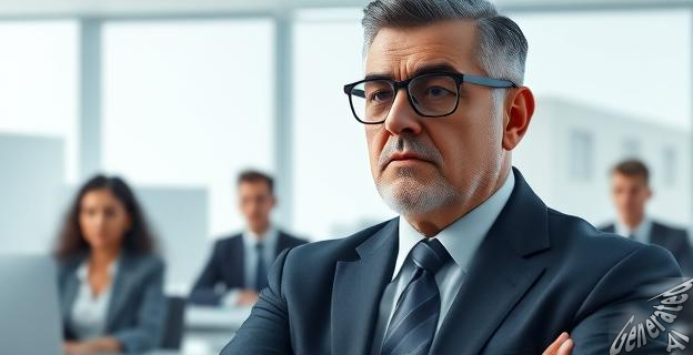 Una imagen de un jefe severo en una oficina moderna, con empleados descontentos al fondo, reflejando la tensión laboral.
