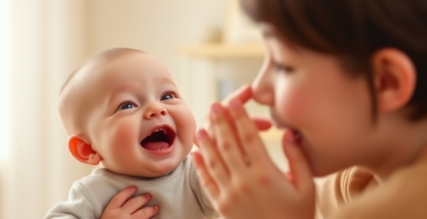 Un bebé riendo a carcajadas mientras un adulto hace una cara divertida y juega a peek-a-boo con él, con una atmósfera cálida y alegre.