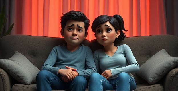 Una pareja sentada en un sofá, con expresiones de frustración y tristeza, rodeados de un ambiente tenso y emocionalmente cargado