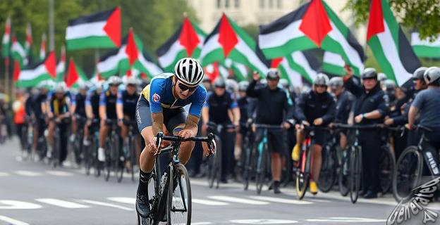 Una imagen de un ciclista en una carrera, con manifestantes en el fondo portando banderas palestinas y la policía actuando. 