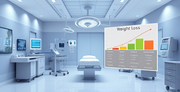 Ilustración de una sala de hospital moderna con equipo quirúrgico avanzado y un gráfico comparativo de pérdida de peso entre diferentes tratamientos