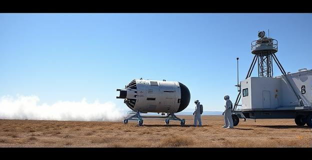 Imagen de un módulo espacial aterrizando en un campo abierto con una estela de humo detrás, rodeado de equipo de recuperación y científicos en trajes de protección, con un cielo azul claro de fondo