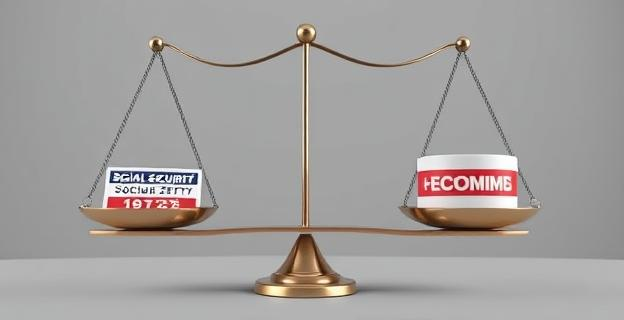 Imagen de una balanza desequilibrada con un lado representando la deuda creciente de la Seguridad Social y el otro las cotizaciones insuficientes, con un fondo gris simbolizando la incertidumbre económica.