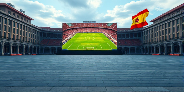 Una pantalla gigante en una plaza vacía, con un partido de fútbol en la distancia, y una bandera española ondeando en el fondo