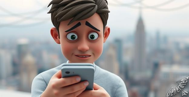 Una imagen de una persona frustrada intentando usar una aplicación en su teléfono, con una ventana emergente de error en la pantalla. Al fondo, una imagen borrosa de una ciudad con cables de fibra óptica.