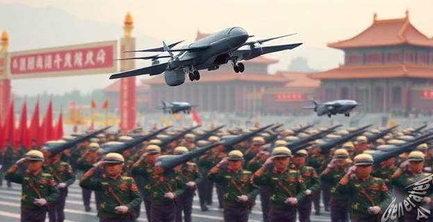 Imagen de misiles y drones chinos en un desfile militar con fondo de Pekín