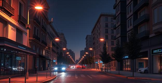 Escena urbana nocturna en Valencia con iluminación pública y presencia de cámaras de seguridad en las calles