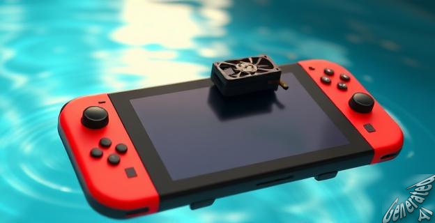Imagen de un Nintendo Switch2 con un pequeño ventilador conectado al puerto USB-C superior, mientras se juega un juego en una piscina.
