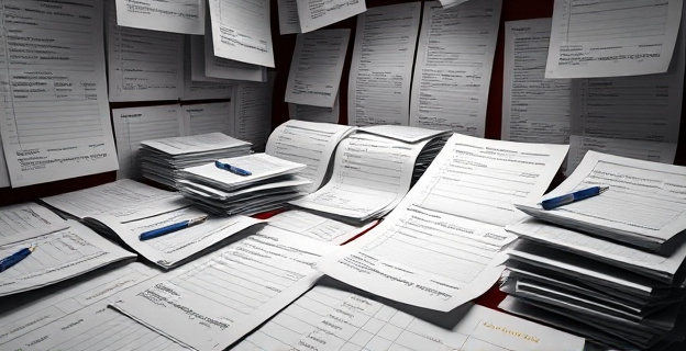 Una sala llena de documentos y registros contables con múltiples anotaciones sobre pagos y cobros, con un ambiente de investigación periodística en un contexto de sospecha de corrupción política.