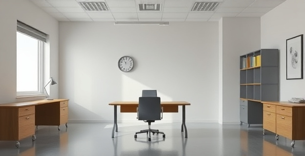 una escena de una oficina vacía con un escritorio y una silla, simbolizando el despido simulado