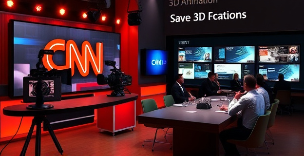 Una pantalla de televisión mostrando un estudio de noticias con el logotipo de CNN en el fondo, mientras en primer plano se ven cámaras y equipo de producción preparándose para una transmisión en vivo. Al lado, una imagen de un grupo de ejecutivos de televisión reunidos alrededor de una mesa de madera oscura, con pantallas mostrando gráficos de audiencia y estrategias de marketing. La iluminación es cálida y profesional.