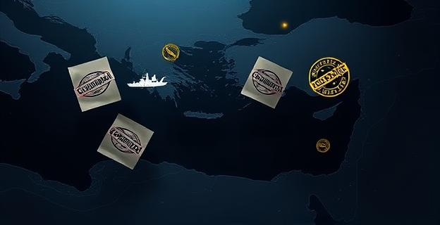 Una representación conceptual de documentos clasificados y sellos de "confidencial" flotando alrededor de un mapa estilizado del Mediterráneo oriental, con un buque militar de silueta genérica en el mar. Tonos azules oscuros y grises dominan, con algunos toques de amarillo o dorado para los sellos. Sin personas ni elementos identificables de países específicos.