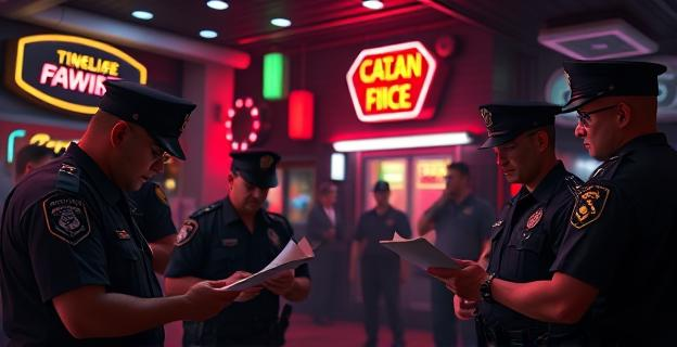 Imagen de una operación policial nocturna en un local de ocio con luces de neón y presencia de policías uniformados inspeccionando documentos en un ambiente tenso.
