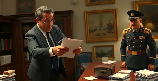 Una escena caótica en un despacho oficial donde un hombre con traje, representando a José Bono, está sacando papeles de un archivador mientras un militar con uniforme, representando a Pardo de Donlebún, lo observa con gesto de sorpresa y desaprobación. Al fondo, un escritorio con papeles desordenados y un ambiente tenso.