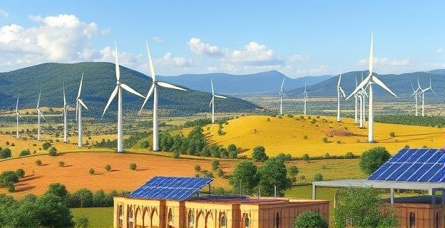 Paisaje aragonés con parques eólicos y plantas fotovoltaicas en un entorno rural afectado