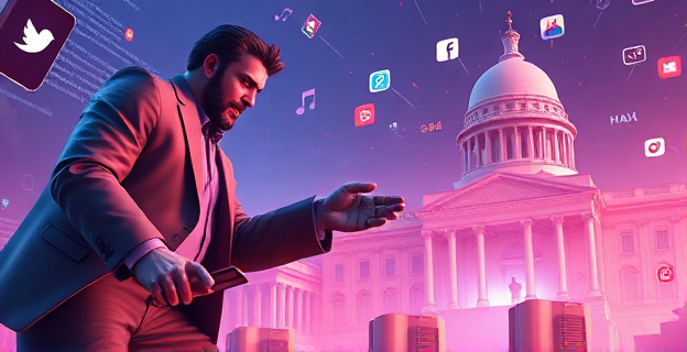 Imagen de una batalla digital entre un magnate tecnológico representado como un gigante y un gobierno simbolizado por una entidad política, con redes sociales y dispositivos móviles en el fondo, en un estilo futurista y dramático.