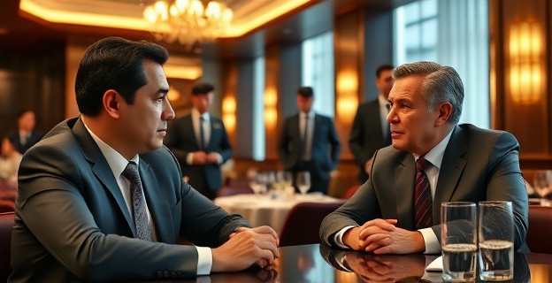 Imagen de un hombre sentado en un restaurante de lujo con un ejecutivo de una gran empresa de telecomunicaciones, ambos en una conversación seria, con escoltas en el fondo.