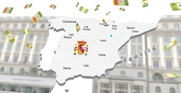 Imagen de un mapa de España con Cataluña resaltada y billetes de euro cayendo sobre ella, mientras al fondo se ven las sedes de los ministerios en Madrid.